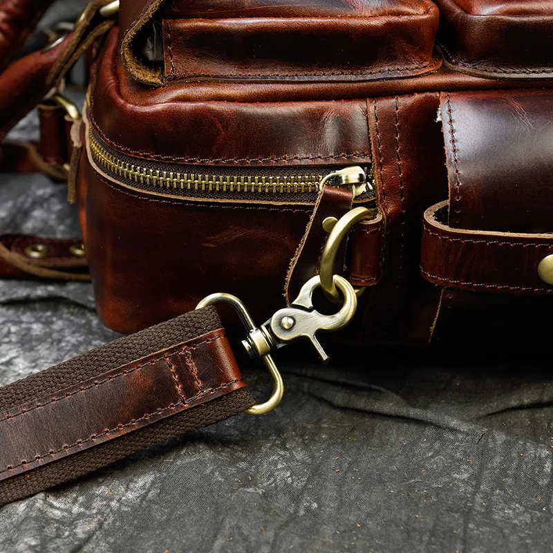 Bolsa de couro genuíno para homens, pasta de couro marrom brilhante vintage de vaca, bolsa de trabalho de 15 polegadas