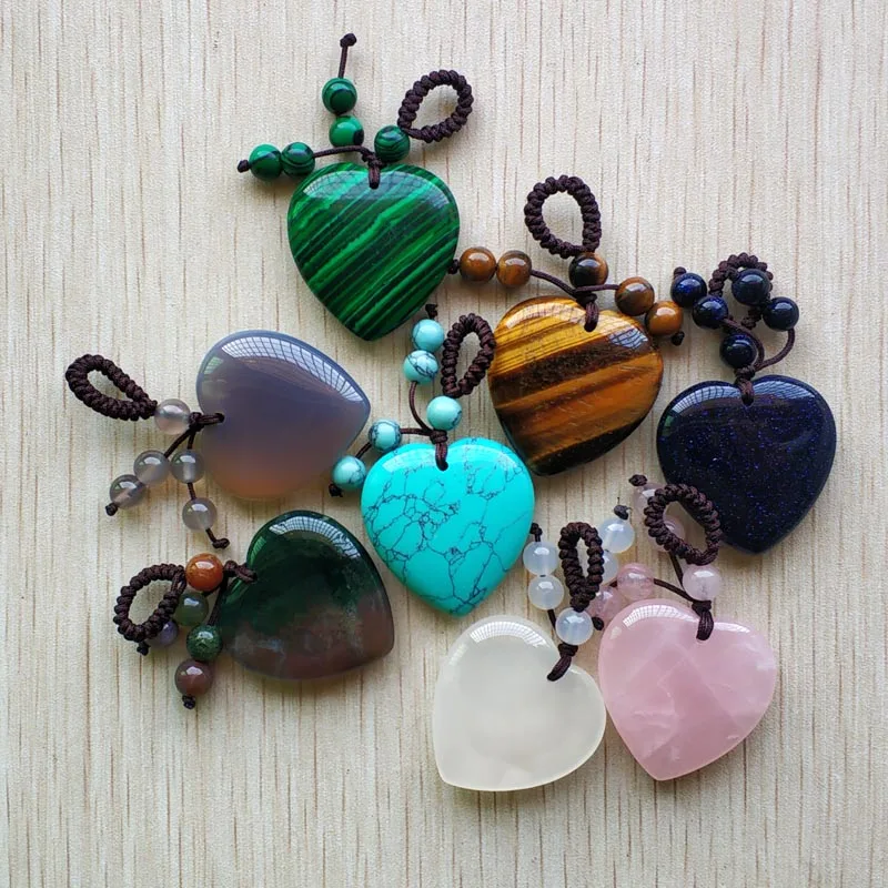 

Wholesale 8pcs/lot fashion natural stone mixed love heart charms pendants with rope 30mm for DIY Handmade jewelry making free