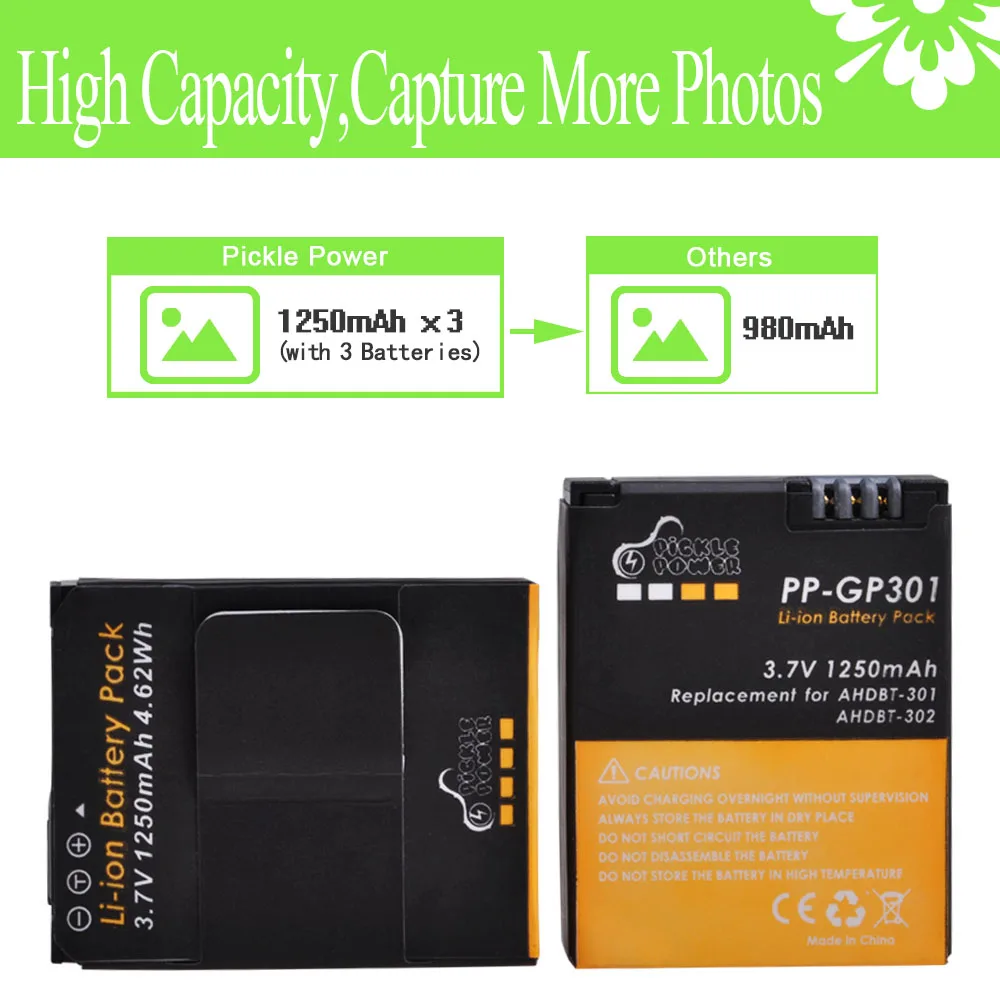 Pickle Power แบตเตอรี่สำหรับ GoPro Hero3 Hero3 + LED USB Dual Charger สำหรับ GoPro AHDBT-201, AHDBT-301, AHDBT-302