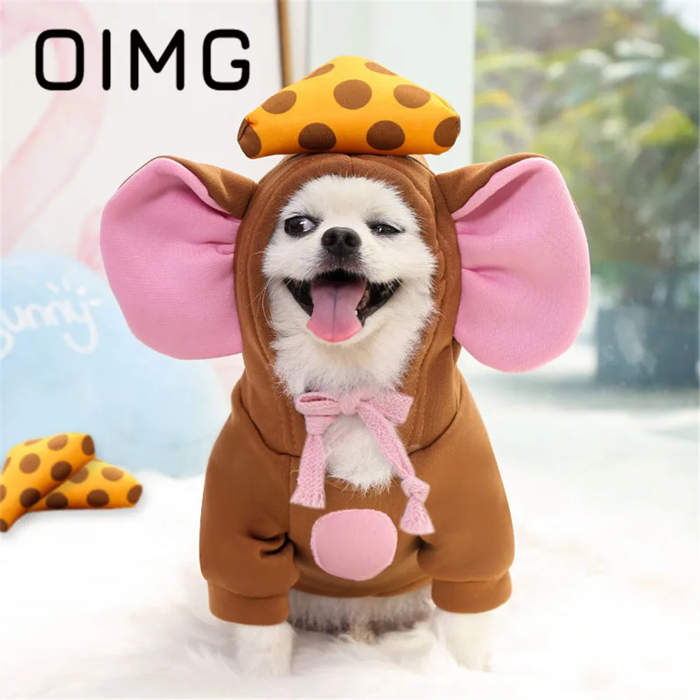 OIMG Cartoon Mouse Jumpsuit For Dogs Clothes Winter Warm Small Dogs Hoodies Pomeranian Spitz Puppy Costume Cute Pet Cat Outfits