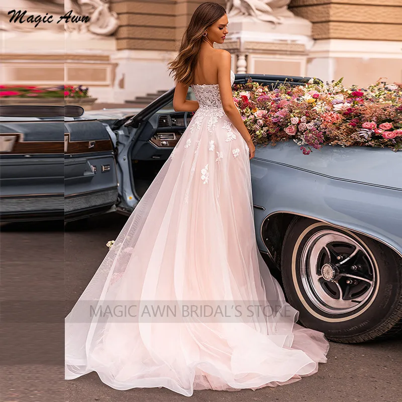 Magic Awn-vestidos De novia Bohemia con apliques De encaje, vestidos De novia De color rosa, Vestidos De Novia De encaje Corazón De tul para playa, vestidos De boda para mujer