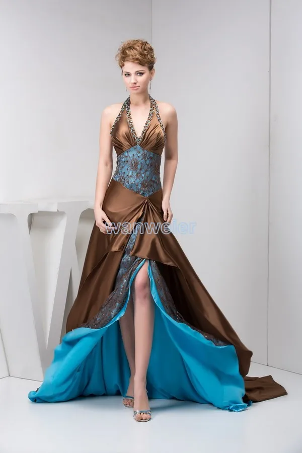 Women's Halter Satin Long Prom Dresses lace appliques Criss Cross Open Back Side Slit Dinner Party Dresses drop Shipping