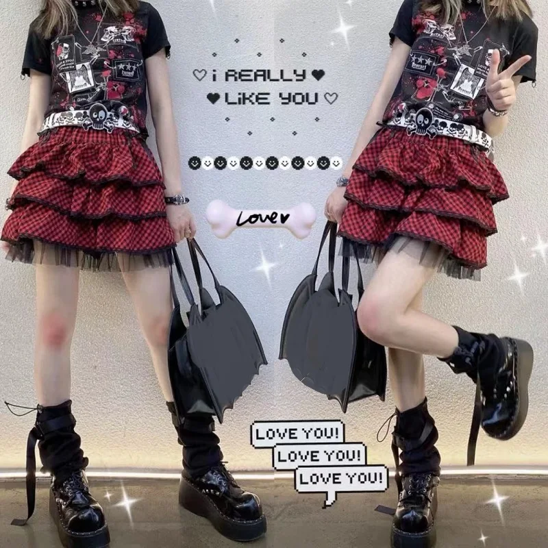 Japanse Harajuku Stijl Meisjes Leuke Boog Rode Plaid Hoge Taille Geplooide Rokken Zoete Lolita Cake Mini Rok Cosplay Kostuum Rokken