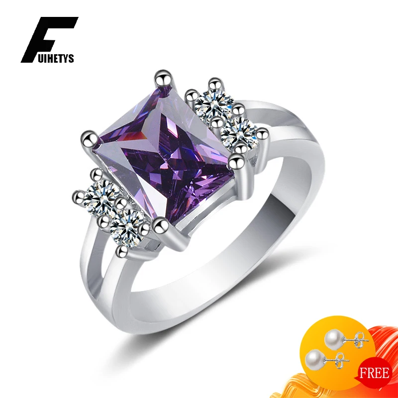 Fashion Rings 925 Silver Jewelry Rectangle Amethyst Zircon Gemstone Finger Ring for Women Wedding Engagement Party Ornaments