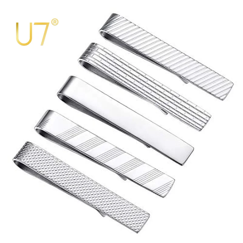 U7 5pcs/set Tie Clips for Men Flat Bar Clip Set Regular Necktie Wedding Business Pin Grid Pattern