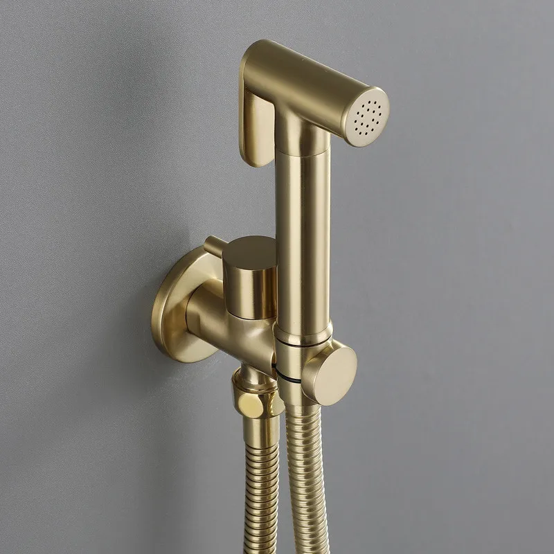 Brass Bidet Faucet for Bathroom,Cold Toilet Shower,Brushed Gold Blow-Fed Spray Gun Nozzle,Balcony Mop Pool Tap,Wall Mount,Press