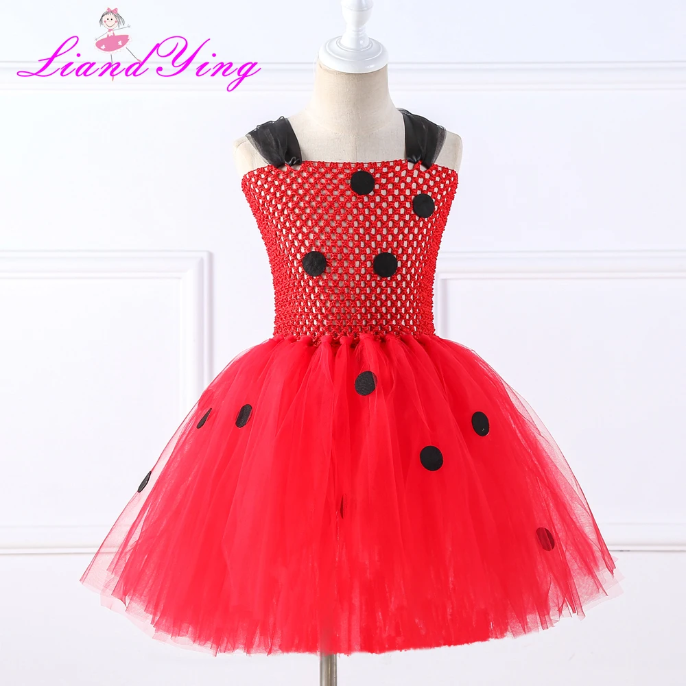 

Cute Girls Red Tutu Dress Baby Crochet Tulle Dress with Black Dots Kids Birthday Party Cartoon Cosplay Dress