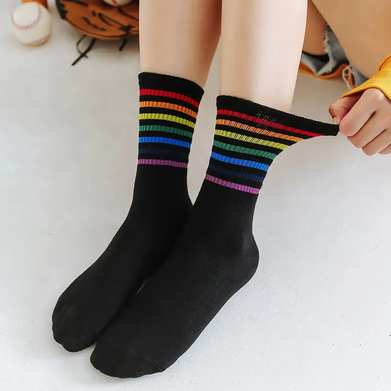 1Pair Fashion Socks Cotton Rainbow Stripes Christmas Gift Classic Warm Fashion Tide Casual Funny Cute Pop Korean Socks For Women