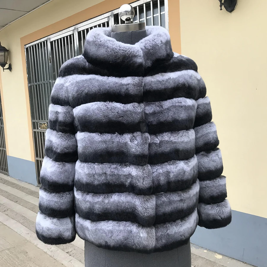 

Women's Rabbit Fur Jacket New Fashion Short Fur Coat Winter Warm Chinchilla Fur Stand Collar Outerwears
