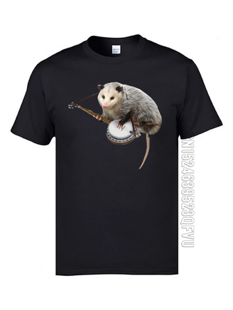 Possum Playing Banjo Animal Print T Shirt Popular Mens T Shirt Spring Autumn Tops Tees Pure Cotton Black T Shirt Round Neck