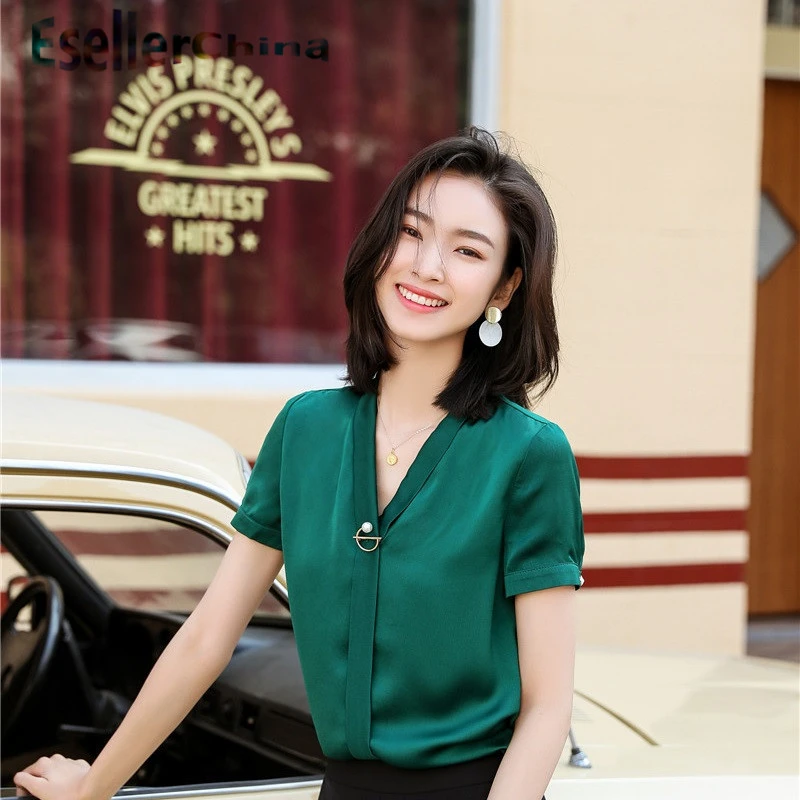 Novelty Green Summer Short Sleeve Blouses Shirts for Women Office Work Wear V-neck Ladies Blouse Female Tops Clothes