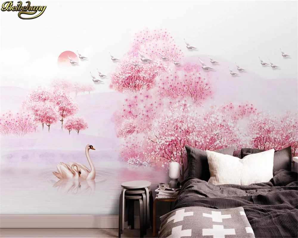 beibehang Customized 3d wallpaper mural new Chinese aesthetic artistic conception peach blossom forest TV sofa background wall