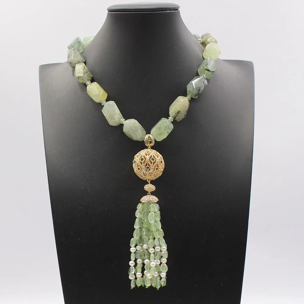 

GuaiGuai Jewelry Natural Green Prehnite Quartzs Faceted Rough Necklace CZ Paved Ball Connetor Pearl Pendant Handmade For Lady