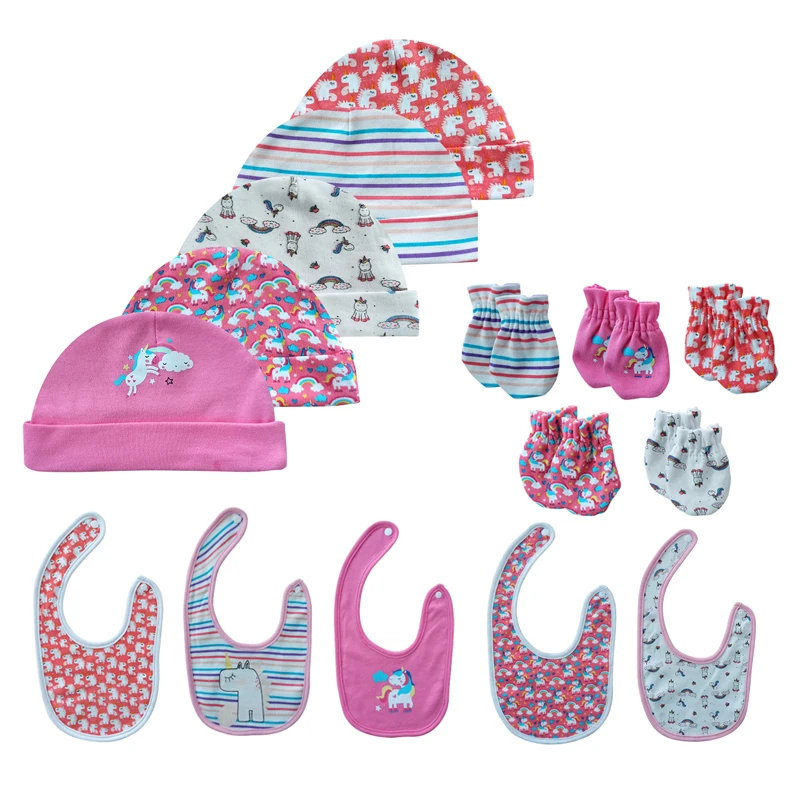 

Fetchmous Unisex Baby Sets 15PCS Newborn Baby Hats+Gloves+Bibs Cotton 0-6Months Baby Accessories Print Cartoon