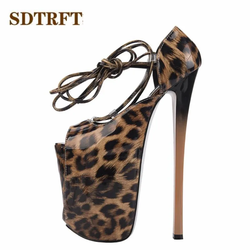 

SDTRFT Leopard Print Cross strap Platforms Sandals 22cm thin heels sexy Peep Toe pumps women Shallow mouth Party shoes US15 16