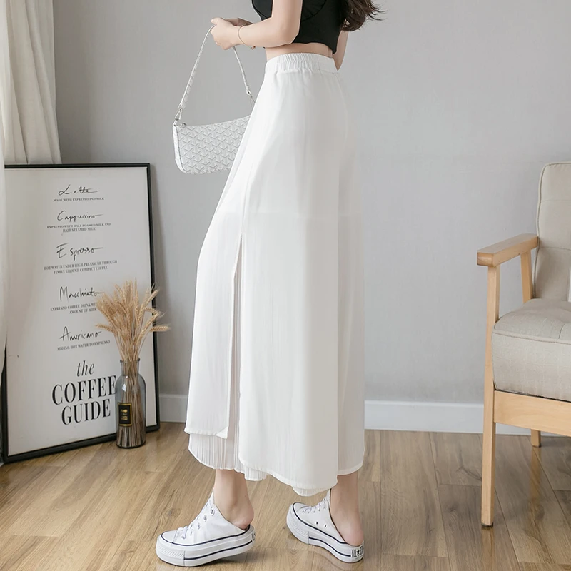 Casual Solid Color Wide Leg Pants Elastic High-waist Pleated Women\'s Pants Spring Loose Flowing Summer Female Chiffon Trousers