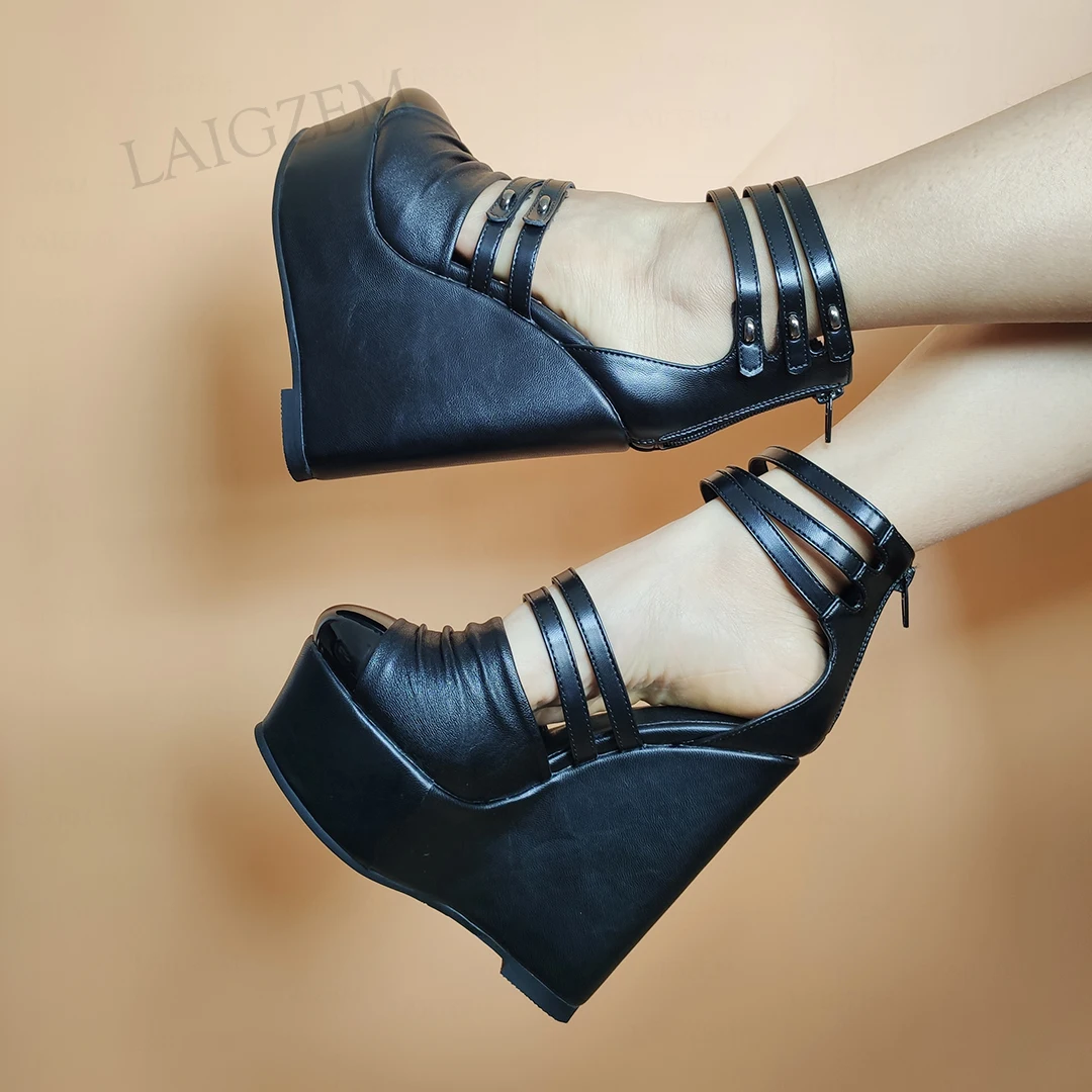 

LAIGZEM супер женские сандалии на плоской подошве; Обувь на платформе; Черные туфли на платформе на молнии из искусственной кожи; Туфли-лодочки; Женская обувь из искусственного материала (ПУ); Женские туфли; Zapatos de Mujer; Большой Размеры 42 48 50 52