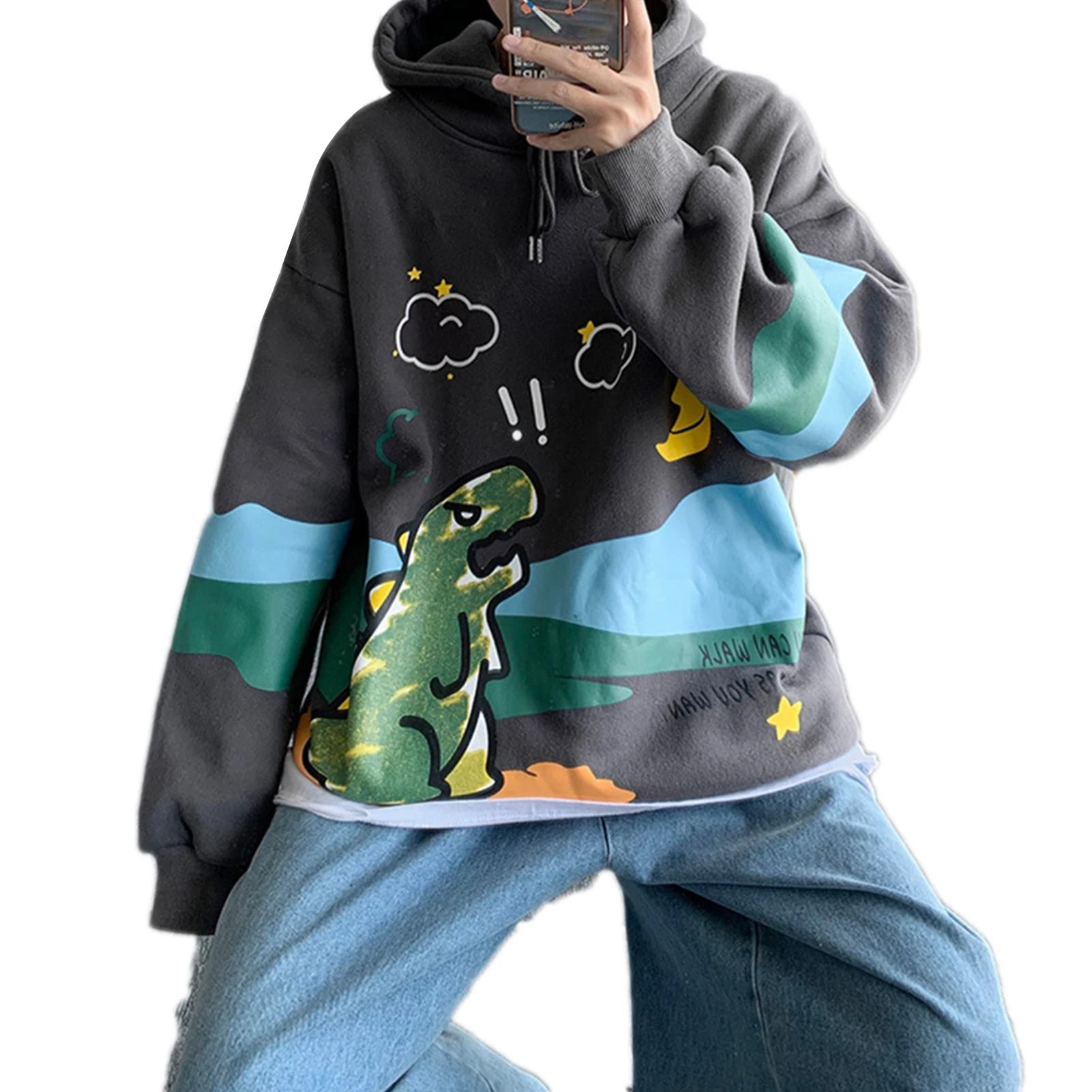 Men Winter Cartoon Dinosaur Print Pullover Long Sleeve Sweatshirt Loose Hoodie