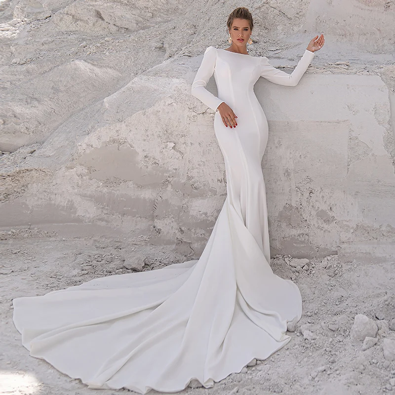 

New Backless Long Sleeve Mermaid Wedding Dresses 2025 Boat Neck White Simple Bridal Gown Robe De Mariee Vestidos Noiva