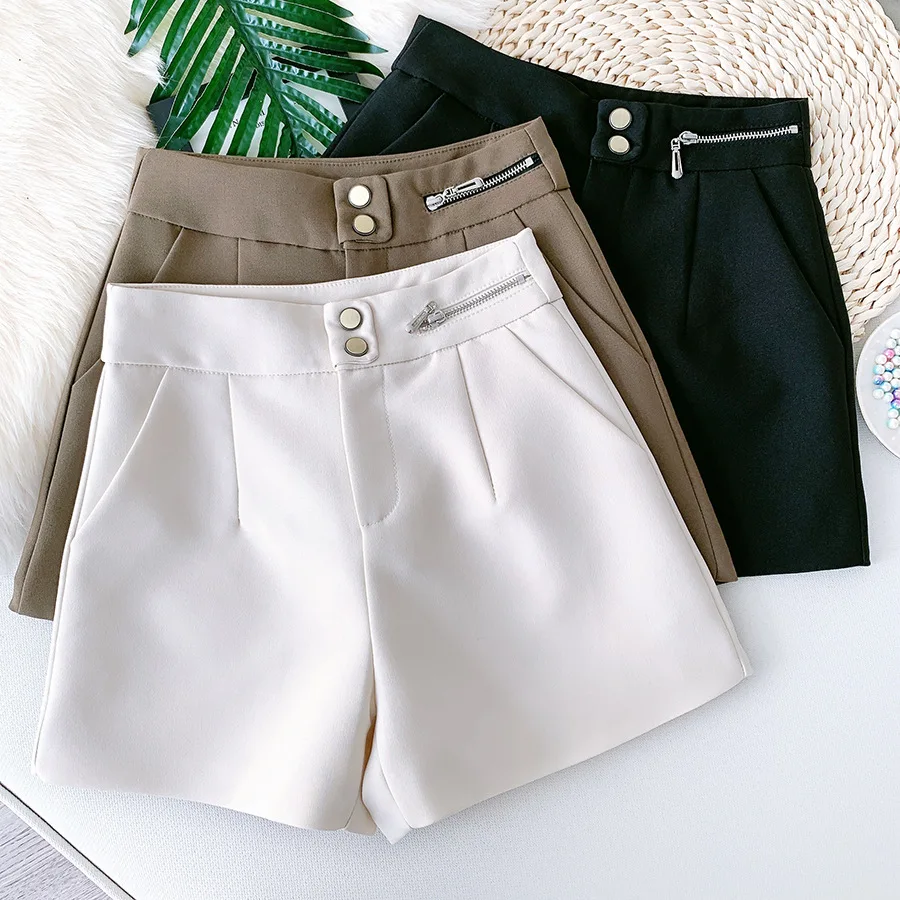 Shorts feminino casual, calção curta para trabalho com cintura alta, para outono e inverno, com zíper abotoadura, perna larga