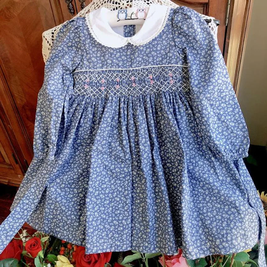 British classical spring autumn handmade smocking dress baby girl embroidered blue floral princess girl baby cotton dress