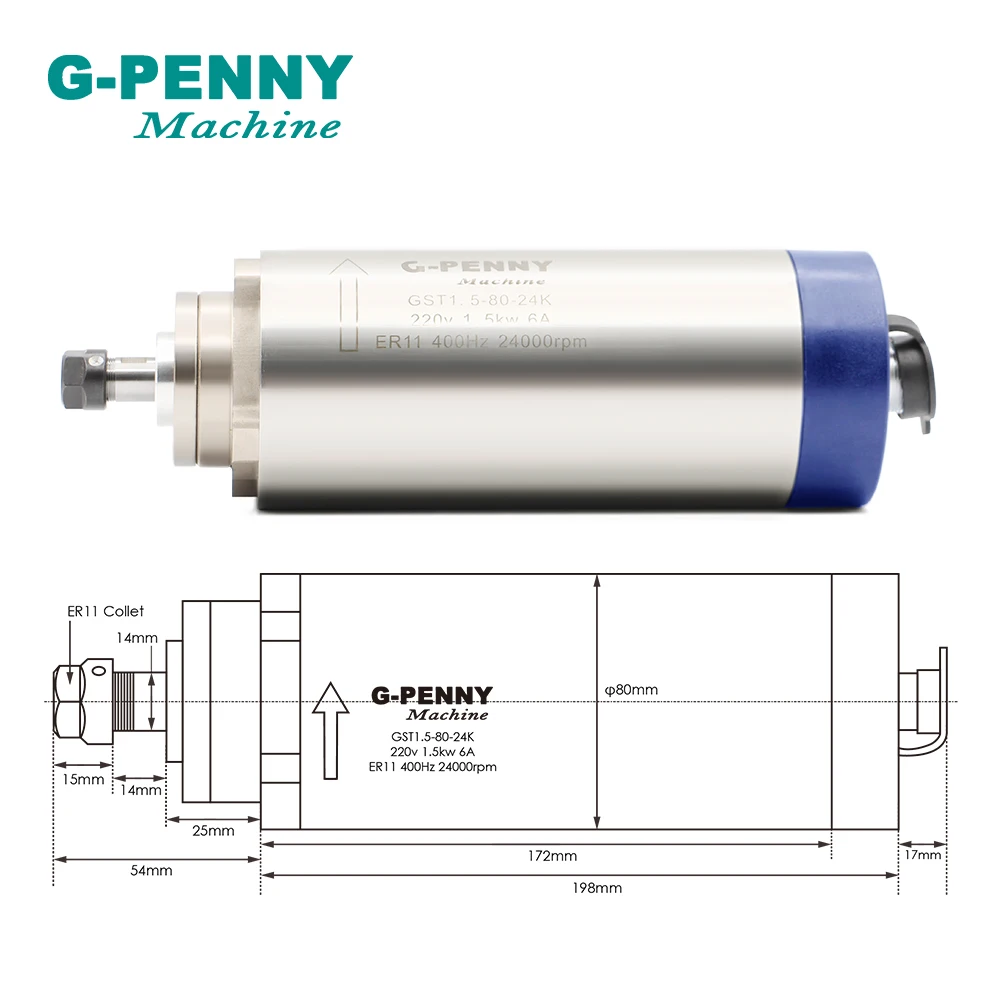 220V 1.5KW ER11 CNC Air Cooled Spindle Motor 80mm Air Cooling 4Bearings CNC Motor Spindle & 220v 1.5kw VFD inverter