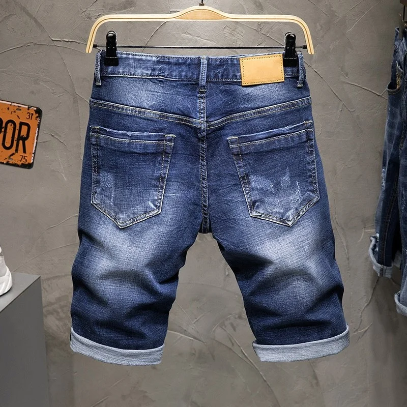 

New Summer Thin Animal Embroidered Denim Shorts Men Street Vintage Slim Ripped Hole Washed Knee Length Pant Straight Jean Shorts