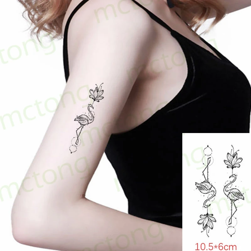 Waterproof Temporary Tattoo Sticker Women Simple Black Crane Bird Flamingo Flower Body Art Makeup Fake Tatto Flash Tatoo For Men