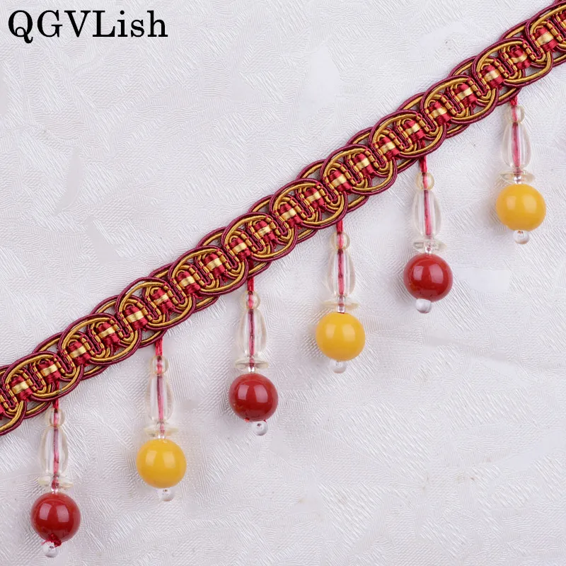 QGVLish 12M/lot Color Beads Curtain Lace Trims DIY Sewing Sofa Stage Valance Curtain Accessories Lace Ribbon Belts Trim Decor