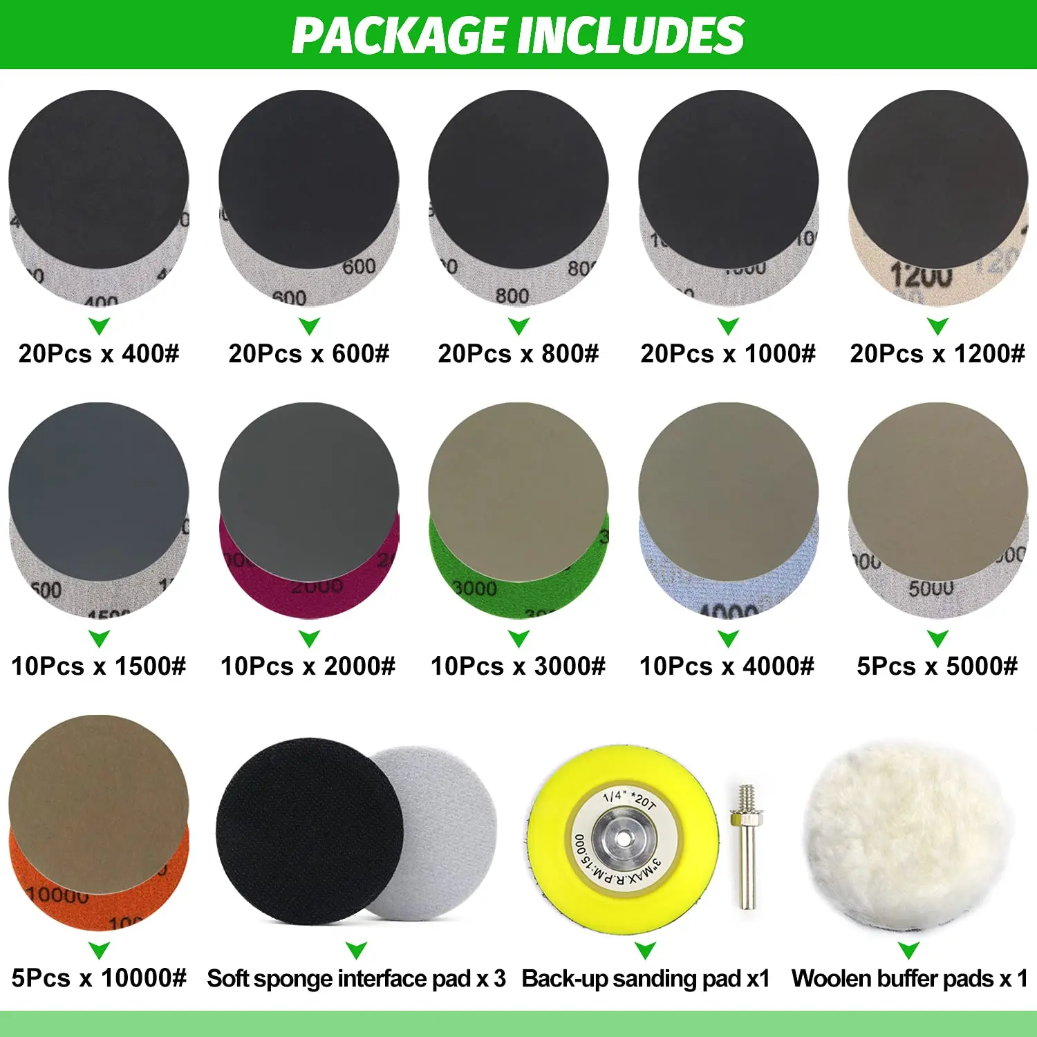 150 PCS 3 inch Schleifen Discs Grütze Sortiert Nass/Trockenen Haken & Loop Schleifpapier mit 1/4 zoll Sichern Pad wolle Pad Weiche Pufferung Pad