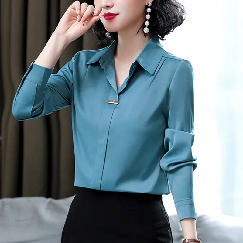 Vrouwen Zijden Shirts 2023 Lente Mode Solide Losse Mode Dames Tops Button Lange Mouwen Blouse Turn-Down kraag Vrouwen Shirt