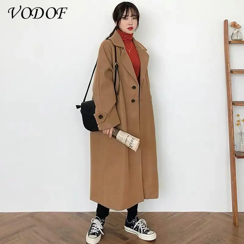 

Woman Long Coat Fashion Korean Preppy Style Retro Versatile Windbreaker Casual Warm Woolen Coat Oversize 2021 Spring Women Coat