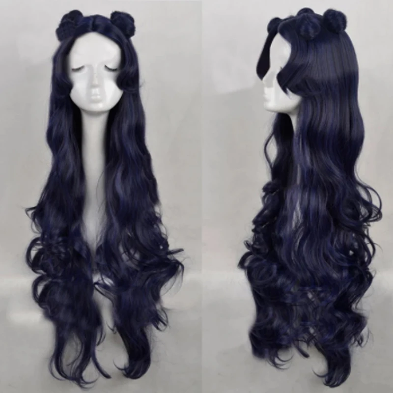 Luna Blue สีดำผสม Long Curly Cosplay วิกผม Buns + หมวกวิกผมฟรี