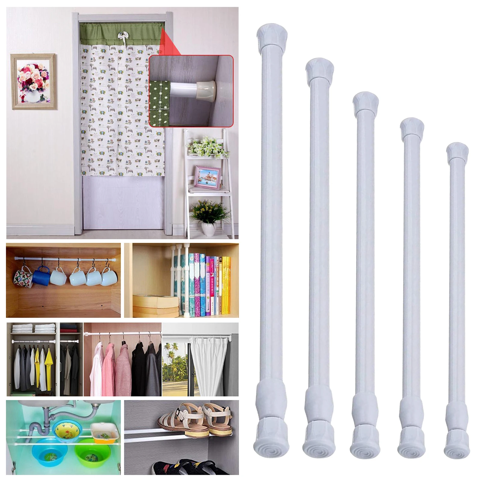 1pc Spring Small Curtain Tension Rods Metal Bar for Bathroom Cupboard Cabinet White