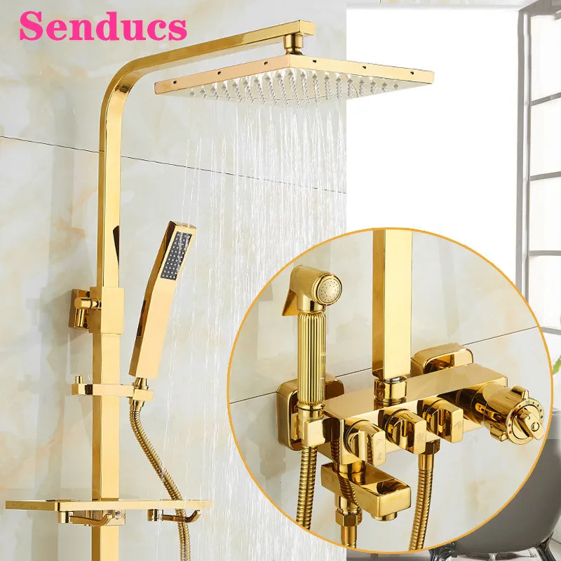 

Gold Bathroom Shower Set Senducs Hot Cold Bathtub Mixer Faucet Quality Bras Bathroom Shower Tap Rainfall Bath Shower System