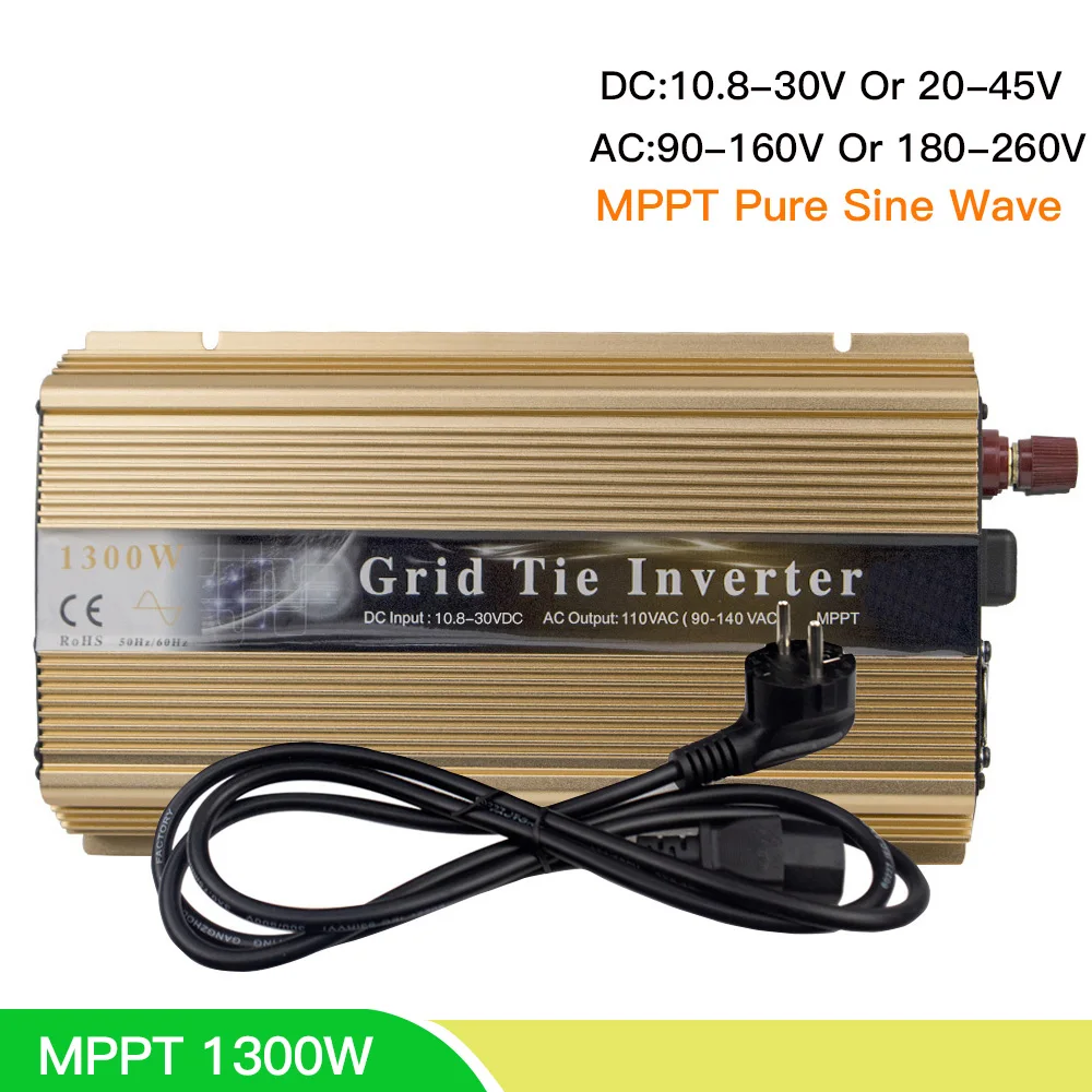 1300W Solar Home On Grid Tie Inverter 18V 36V DC MPPT Pure Sine Wave Inversor 110V 220V AC For PVGenerator Battery