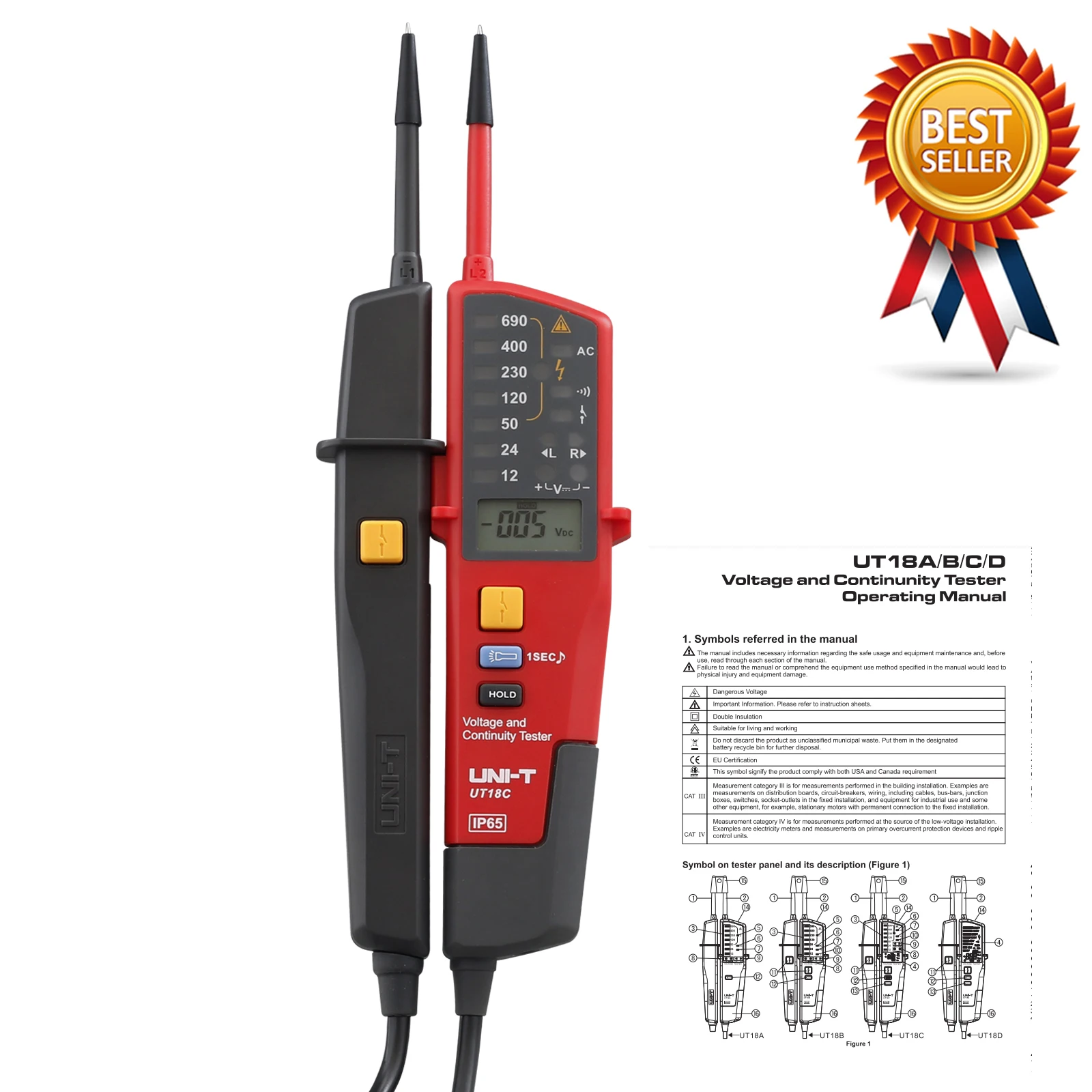 UNI-T UT18C 0~690V AC DC Voltage Testers LCD Display Auto Range IP65 Waterproof Meter No Power Test Function