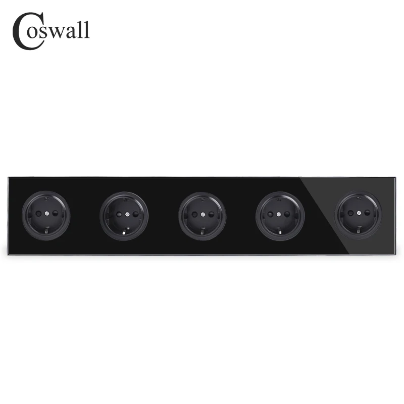 Coswall Crystal Tempered Pure Glass Panel 16A 5 Gang EU Standard Wall Power Socket Outlet Grounded With Child Protective Lock