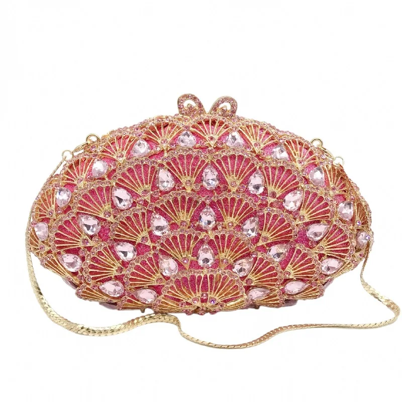 

Luxury Pink Rhinestone 16 Colors Fan Shape Evening Bags Clutches Hollow Out Women’s Diamond Wedding Clutch Fashion Female Purses