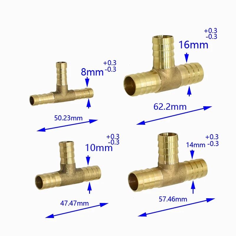 T Type 8mm 10mm 12mm 14mm 16mm Tee Barb Connector Brass Water Splitter Air Pipe Gas Pipe Quick Coupling Pipe Fittings 1Pcs