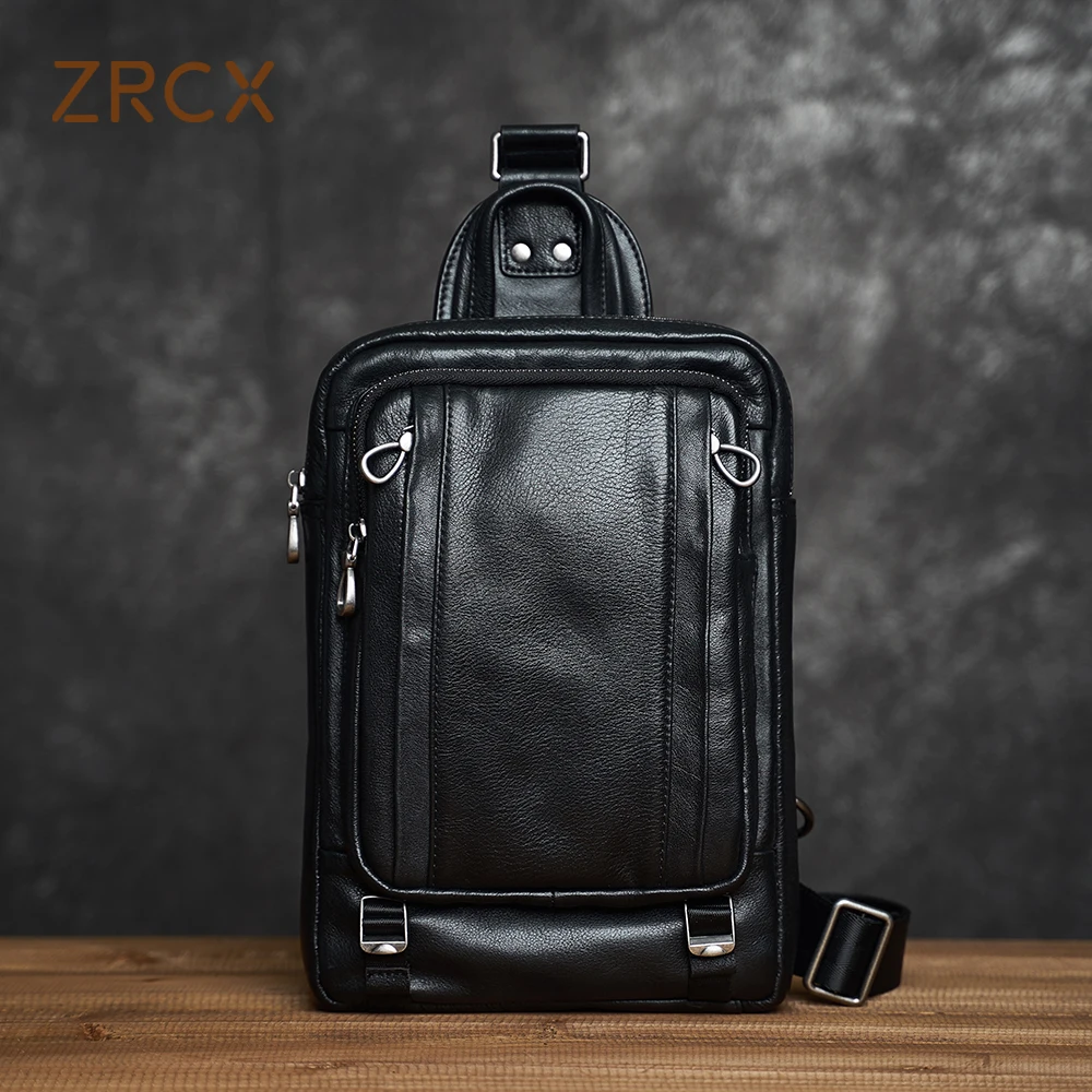 ZRCX Cow Leather Men Chest Bag New Genuine Leather Casual   Male Shoulder Pack For Cell Phone And IPad Travel Chest Bag