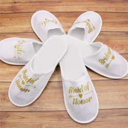 New Wedding Party Slippers Hotel Disposable Bride And Bridesmaid Team Slippers Golden Bronzing Letters Fabric Indoor Floor Shoes