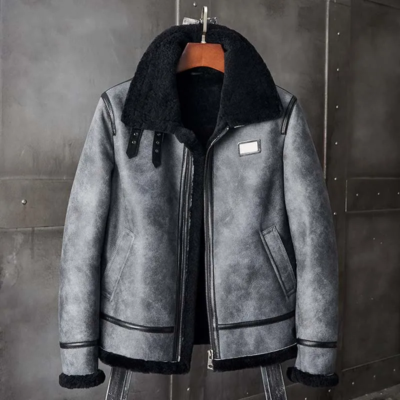 New Shearling Coat Mens B3 Bomber Jacket Grey Leather Overcoat Short Winter Fur Outwear Natural Sheepskin Parkas