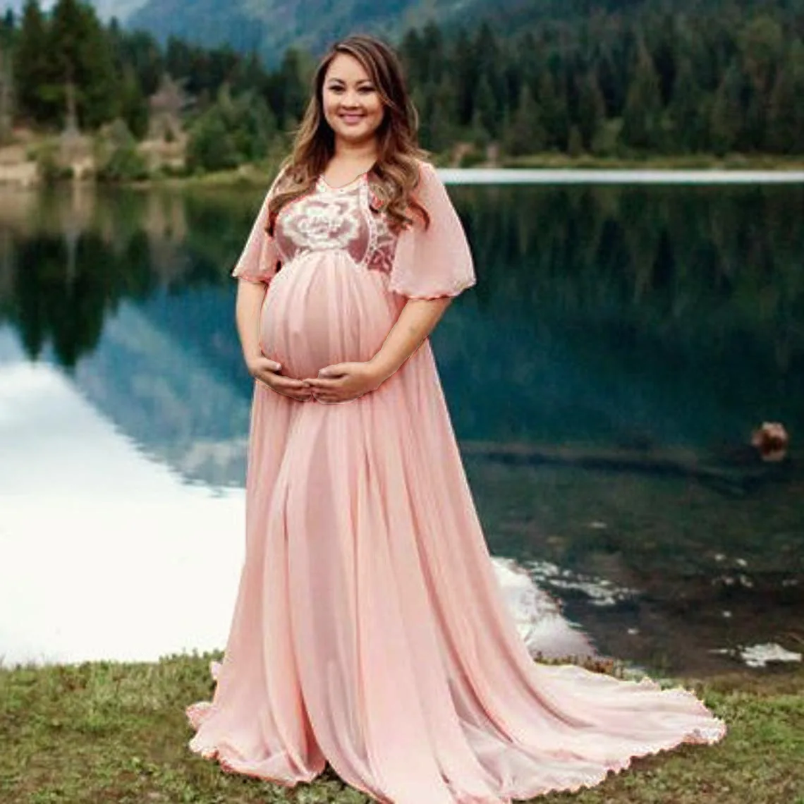 Maternity Long Dress Ruffles Lace Off Shoulder Stretchy Maxi Photography Pregnant Women Gowns Pregnancy Dress Photo Shoot 2021