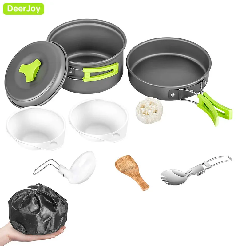 

WH200 Camping Cookware Set Portable Camping Pan Set Non-Stick Pot with lid BPA-Free Bowls Spoons Wooden Spatula Cleaning Sponge