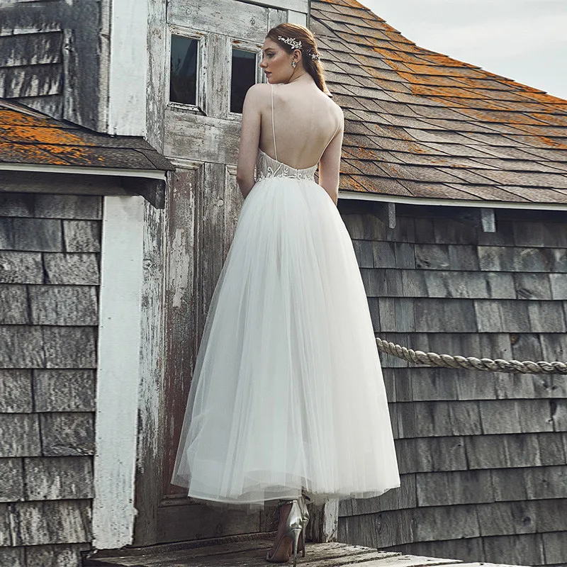 Semplici abiti da sposa corti da spiaggia lunghezza alla caviglia spalline sottili Appliques Backless Country abiti da sposa a-line Vestido De Novia