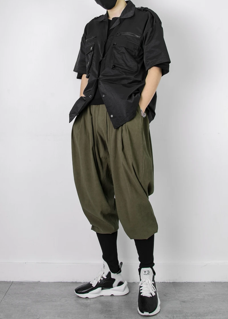 Four Seasons Minimalist Japanese Dark Black Mountain Style Pants Rib Bag Calf Loose Harem Pants Men