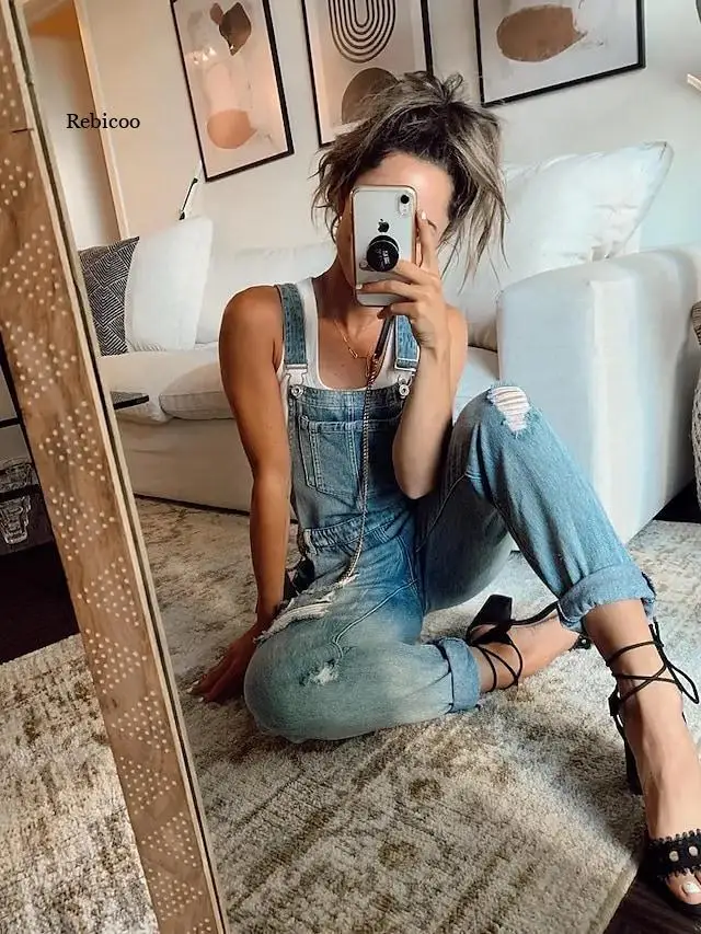 Overalls ผู้หญิง Denim Skinny ล้าง Slim Fit ยาวสีทึบ Ripped กางเกงยีนส์แฟชั่นหญิง Romper Overalls