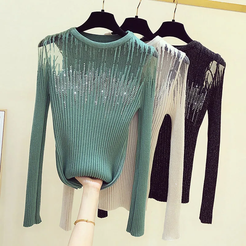 Diamonds Thin Knitted Sweater Women Long Sleeve Hollow Out Sweaters 2023 Autumn Woman Clothes O Neck Slim Pullover Tops Female