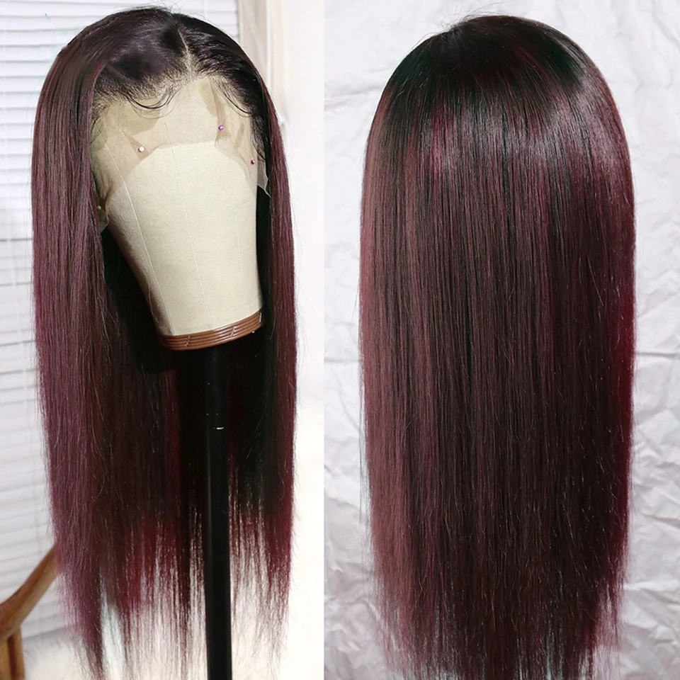 Wig depan renda merah anggur 1b 99j Wig depan 13x4 Wig depan lurus Wig depan renda anggur merah tua Wig rambut manusia berwarna Ombre untuk wanita